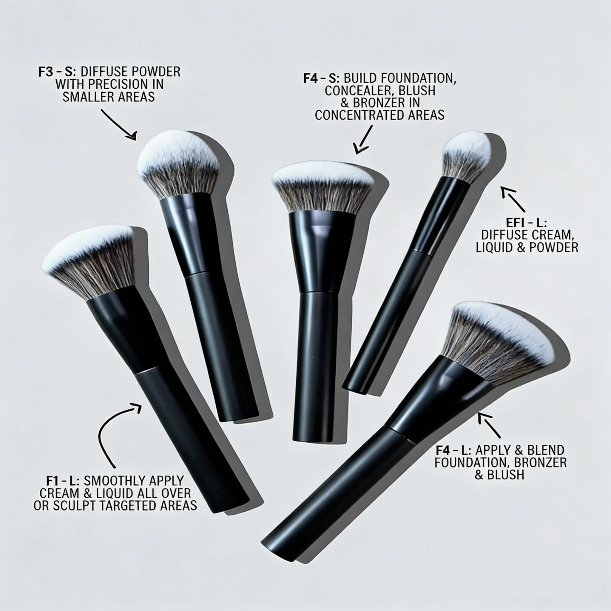 5-Piece Facial Makeup Brush Set: Foundation Brush, Powder Brush, Blush Brush, Concealer Brush, Contour Brush, Blending Brush.