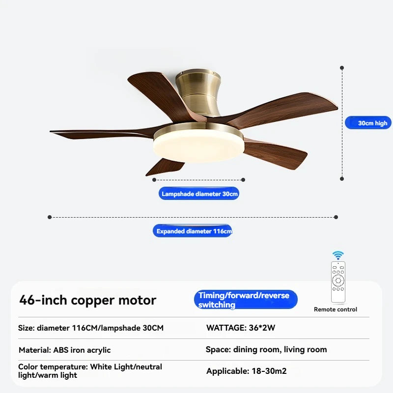 Mid-century style ceiling fan lamp, living room and dining room integrated ceiling fan light, retro quiet bedroom electric fan l