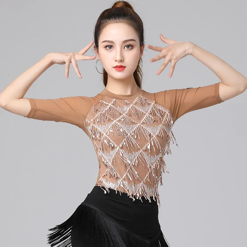 Latin Dance Clothes for Women, Half Sleeve, Round Neck Top, National Standard, Modern Performance, Exercise Clothing for Adult