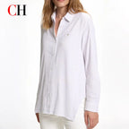 CH Woman's clothing - White vertical striped long-sleeved shirt - Buttoned neckline - With golden logo details