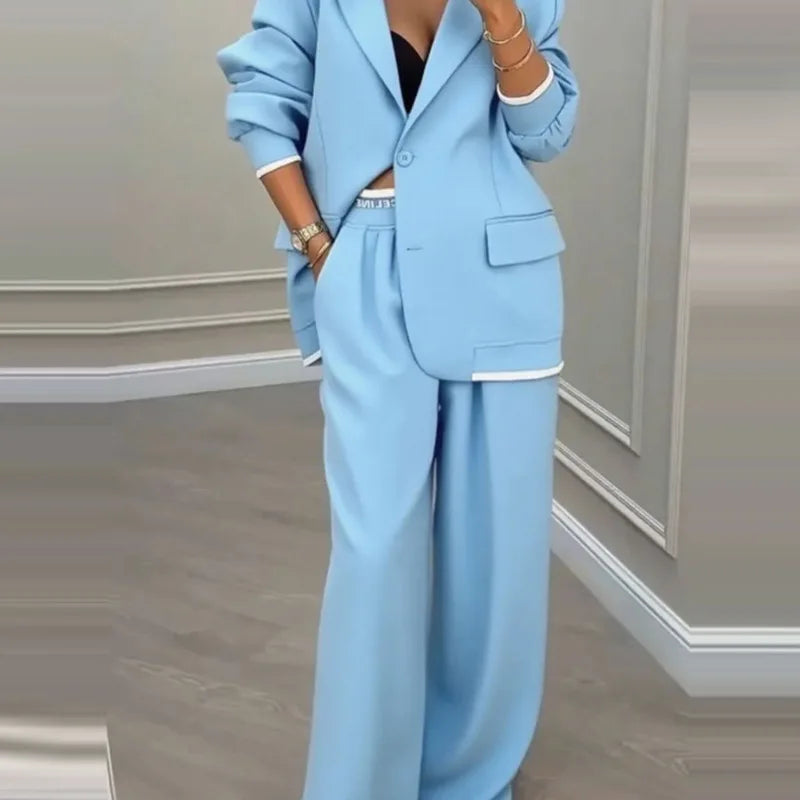 Elegant Long Sleeve Outerwear Wide Leg Pants Suit Set Fashionable Autumn Winter Women's Clothing Commute Style Polyester Fabric