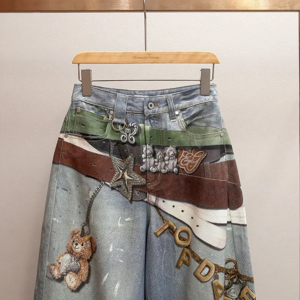 High-end women's clothing spring new locomotive style Spice Girl design sense printing A word high waist jeans women