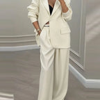 Elegant Long Sleeve Outerwear Wide Leg Pants Suit Set Fashionable Autumn Winter Women's Clothing Commute Style Polyester Fabric