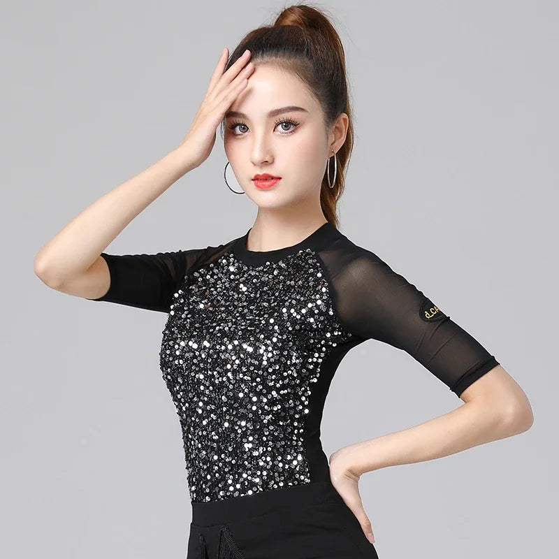 Latin Dance Clothes for Women, Half Sleeve, Round Neck Top, National Standard, Modern Performance, Exercise Clothing for Adult