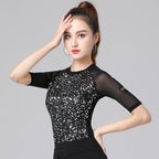 Latin Dance Clothes for Women, Half Sleeve, Round Neck Top, National Standard, Modern Performance, Exercise Clothing for Adult