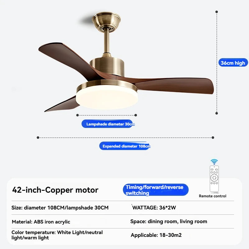 Mid-century style ceiling fan lamp, living room and dining room integrated ceiling fan light, retro quiet bedroom electric fan l