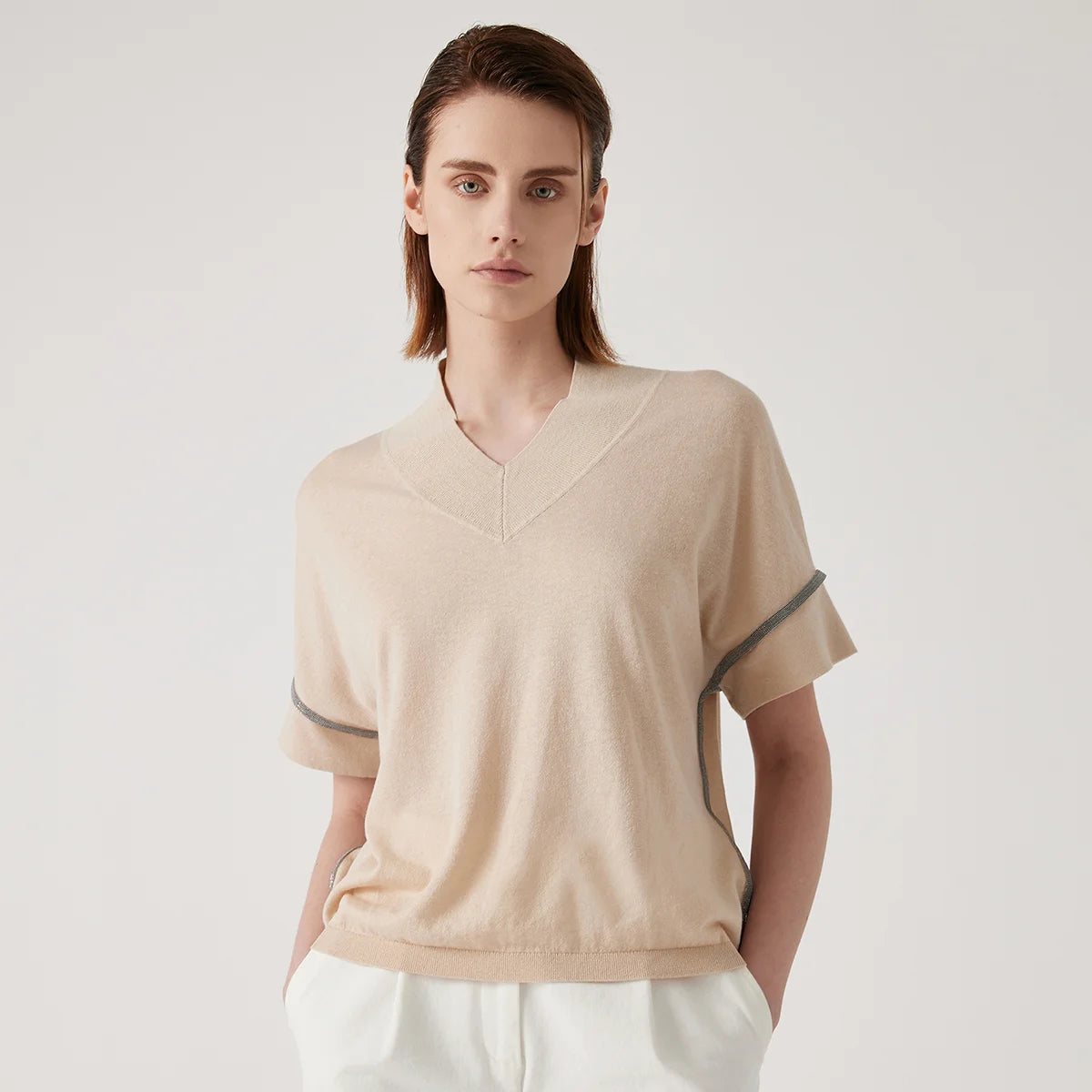 BY4511177 Boutique Luxury Brand Women's Clothing Summer Sequin V Neck Knitted Pullover Linen Silk Sweaters