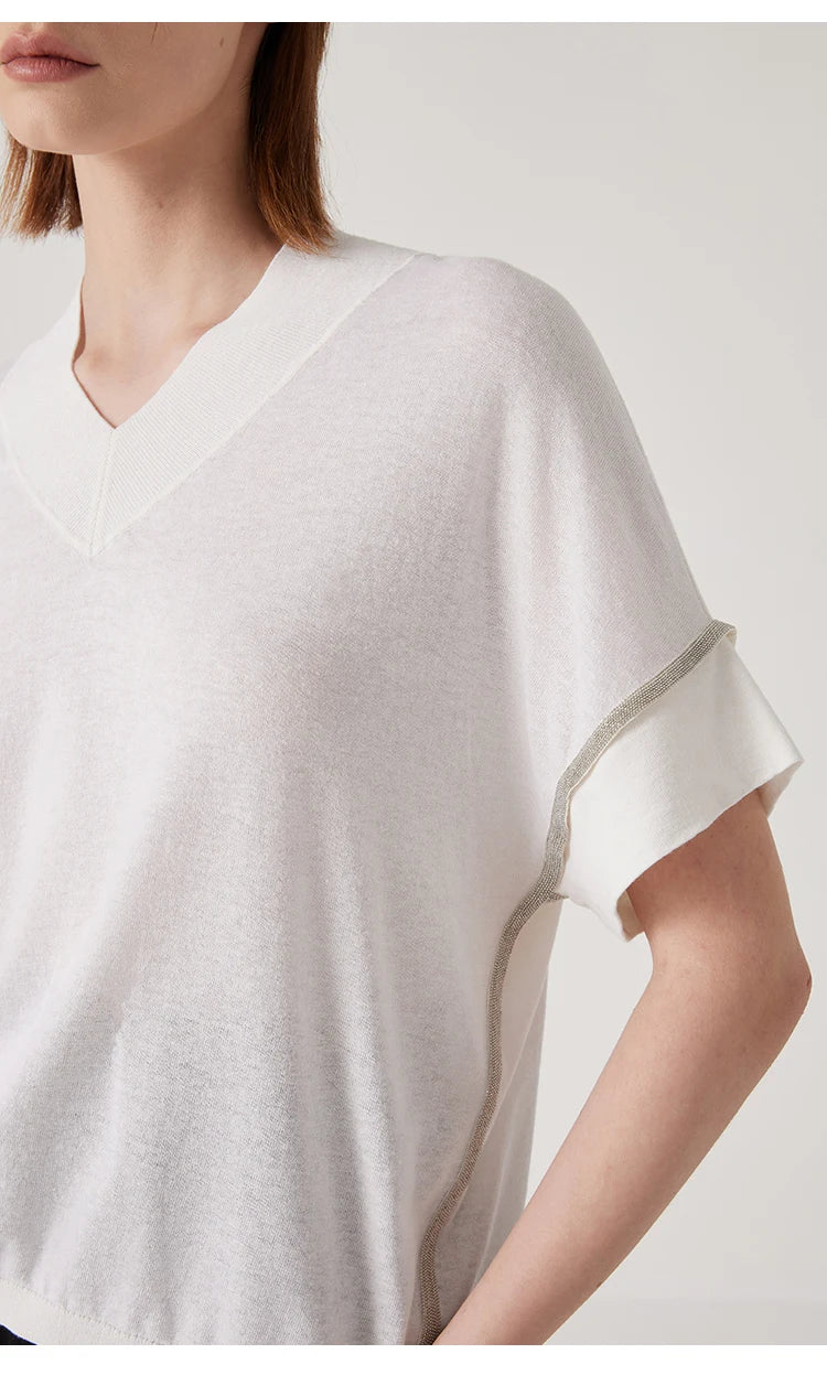 BY4511177 Boutique Luxury Brand Women's Clothing Summer Sequin V Neck Knitted Pullover Linen Silk Sweaters
