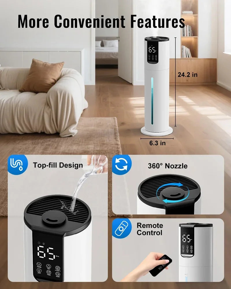 Ultra-Quiet Floor Ultrasonic Humidifier – Top-Fill Smart Air Moisturizer for Baby/Nursery, 8L Large Capacity, Auto Shut-Off