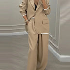 Elegant Long Sleeve Outerwear Wide Leg Pants Suit Set Fashionable Autumn Winter Women's Clothing Commute Style Polyester Fabric