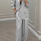 Elegant Long Sleeve Outerwear Wide Leg Pants Suit Set Fashionable Autumn Winter Women's Clothing Commute Style Polyester Fabric