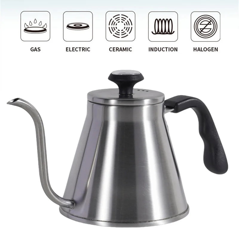 Stainless Steel Gooseneck Kettle Fit Induction Cooker/Gas Stoves Hand Drip Coffee Kettle with Thermometer Coffee Pot 1.2L