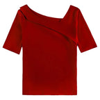 Woman's Clothing Basic T-Shirts Tops Lady Slim Short Sleeve Skew Collar Sheath Blouse Tops SS055