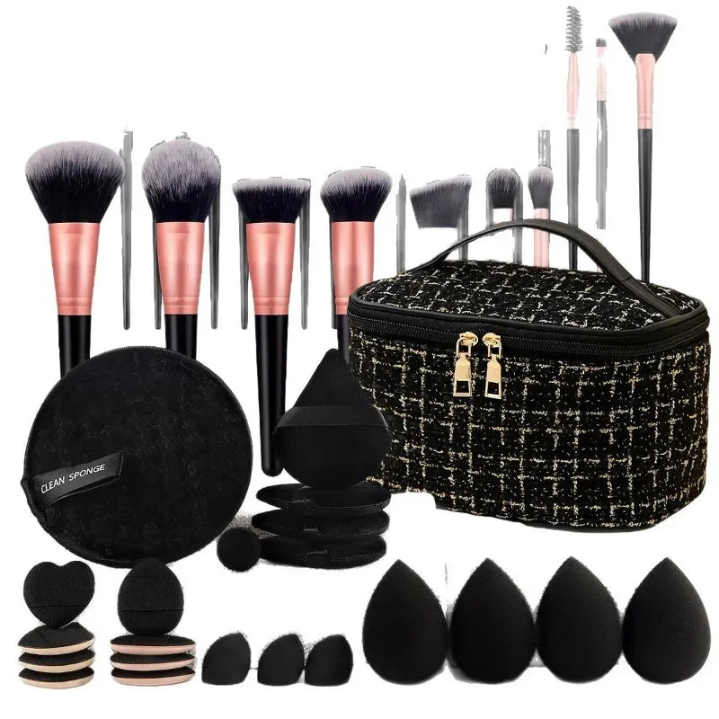 47 piece set of beauty tools, small fragrance makeup bag, makeup brush set, portable toiletry, travel, powder puff, makeup