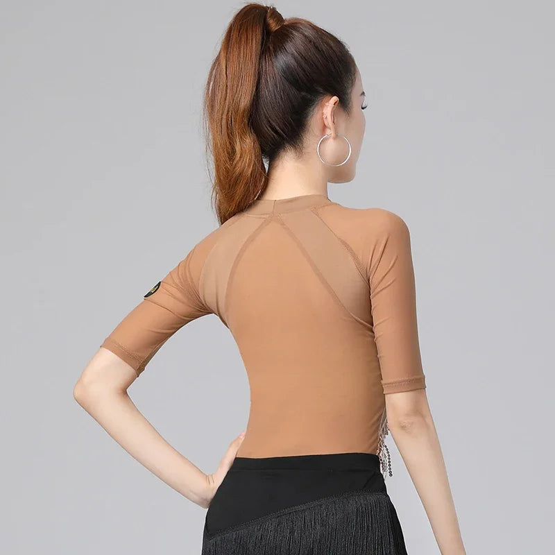 Latin Dance Clothes for Women, Half Sleeve, Round Neck Top, National Standard, Modern Performance, Exercise Clothing for Adult