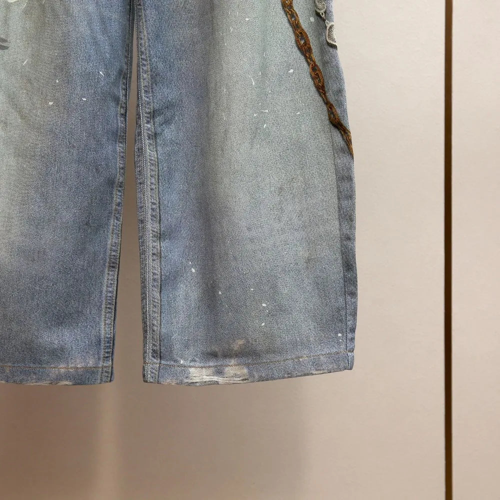 High-end women's clothing spring new locomotive style Spice Girl design sense printing A word high waist jeans women