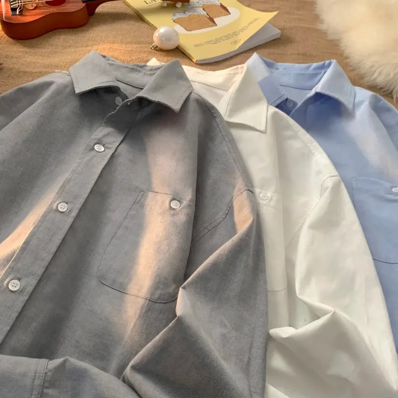 Men's Clothing Light Blue Long-Sleeve Button-Down Shirt Pocket Loose Casual Cotton Blouse