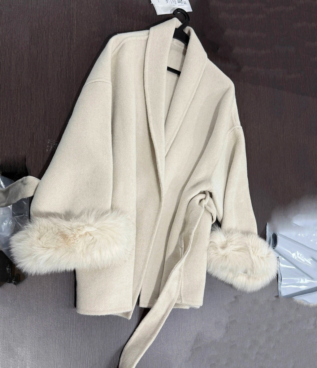 UCXQ Elegant OL Office Lady Overcoats Fur Patchwork Long Sleeve Woolen Coat Beautiful Women's Clothing Jacket Autumn 2025 Winter