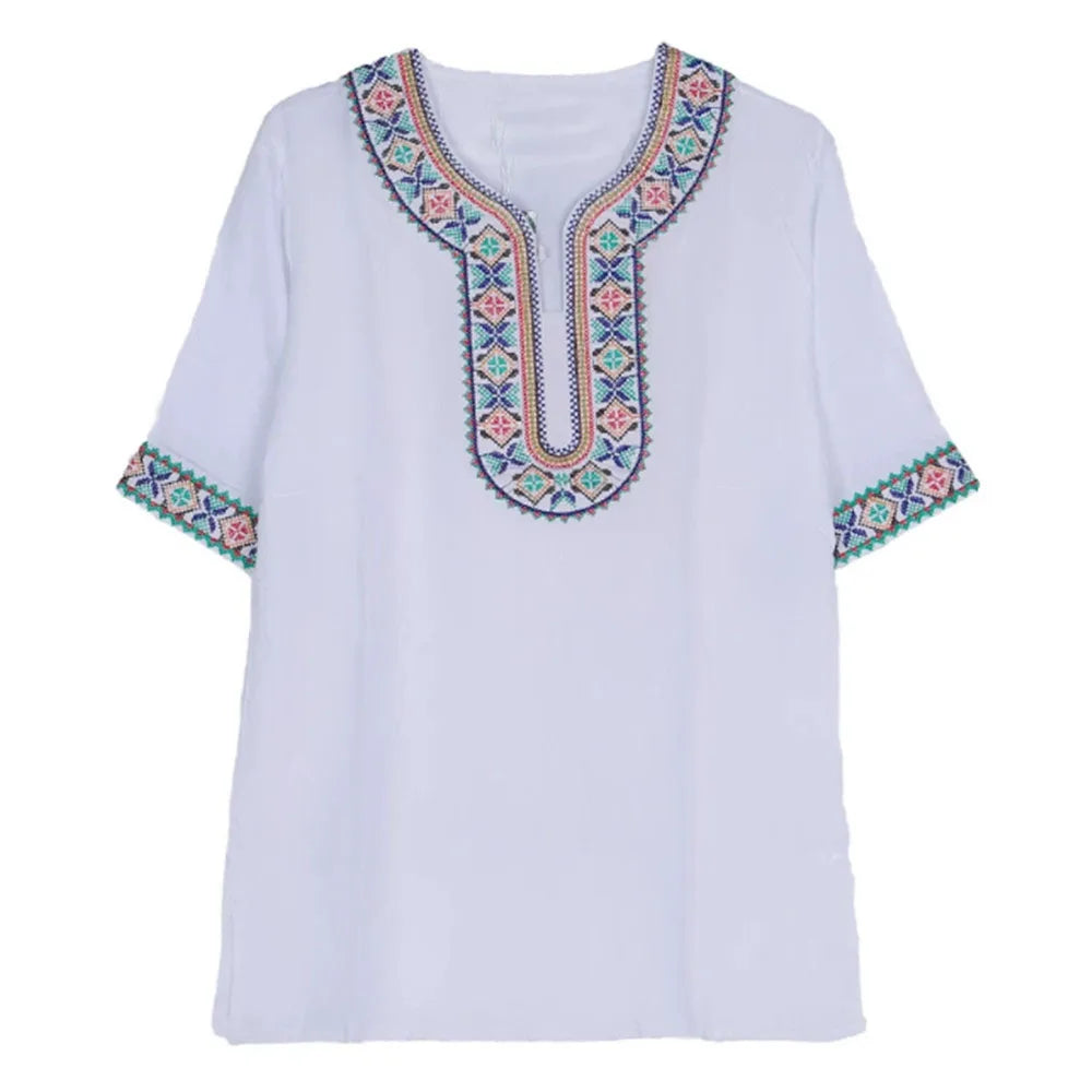 Ethnic Clothing Cotton Silk Short Sleeved Men's And Women's Loose T-Shirt Couple's Traditional Top
