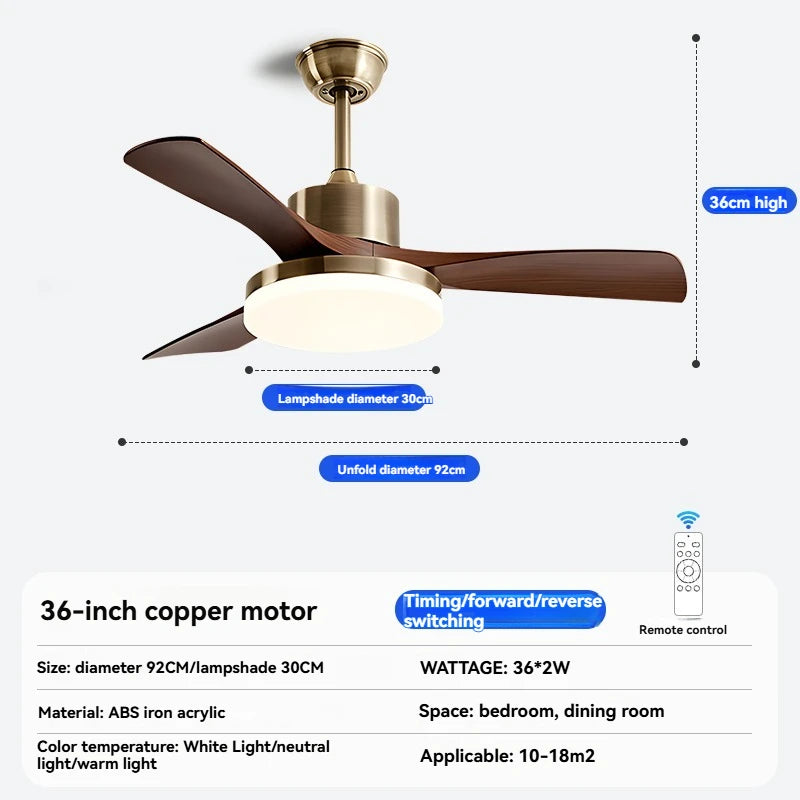 Mid-century style ceiling fan lamp, living room and dining room integrated ceiling fan light, retro quiet bedroom electric fan l