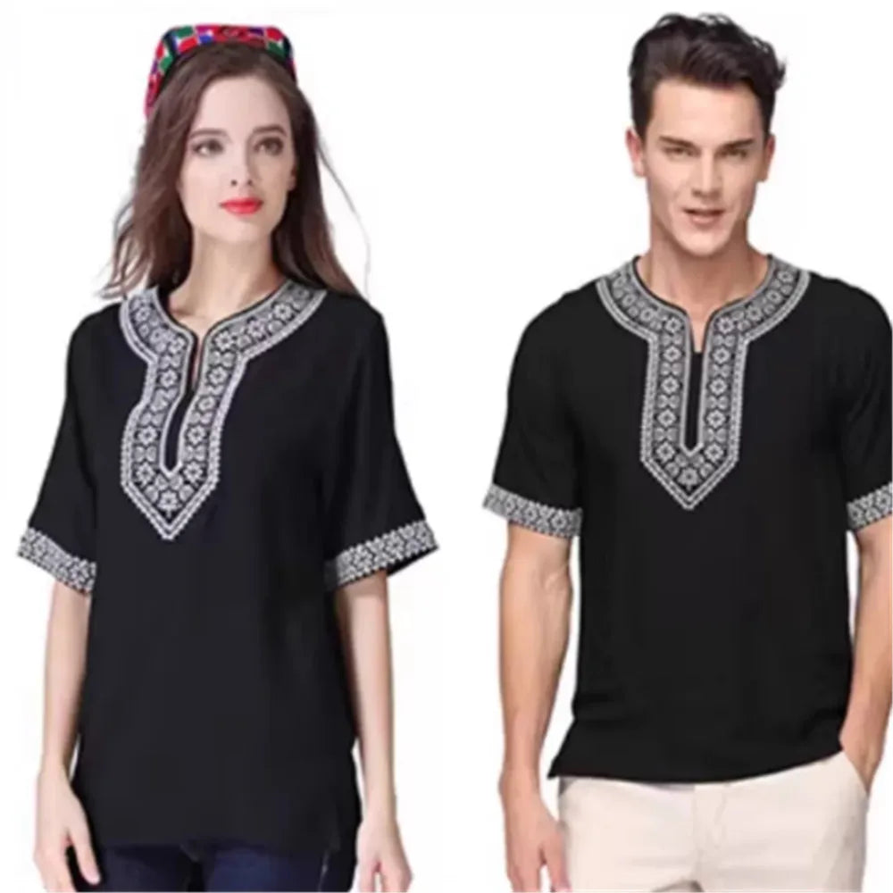 Ethnic Clothing Cotton Silk Short Sleeved Men's And Women's Loose T-Shirt Couple's Traditional Top