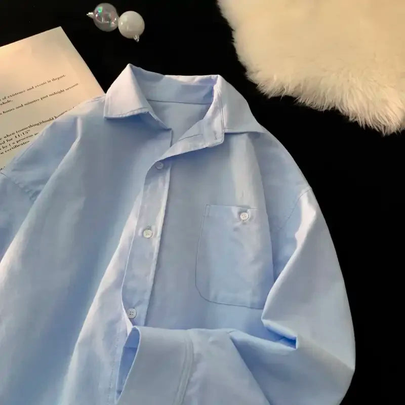 Men's Clothing Light Blue Long-Sleeve Button-Down Shirt Pocket Loose Casual Cotton Blouse