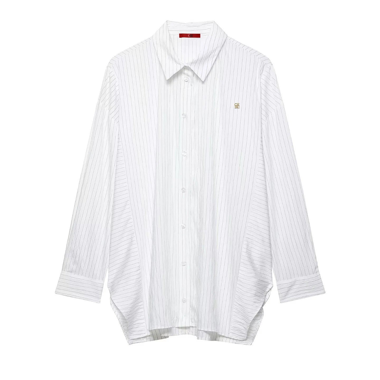 CH Woman's clothing - White vertical striped long-sleeved shirt - Buttoned neckline - With golden logo details