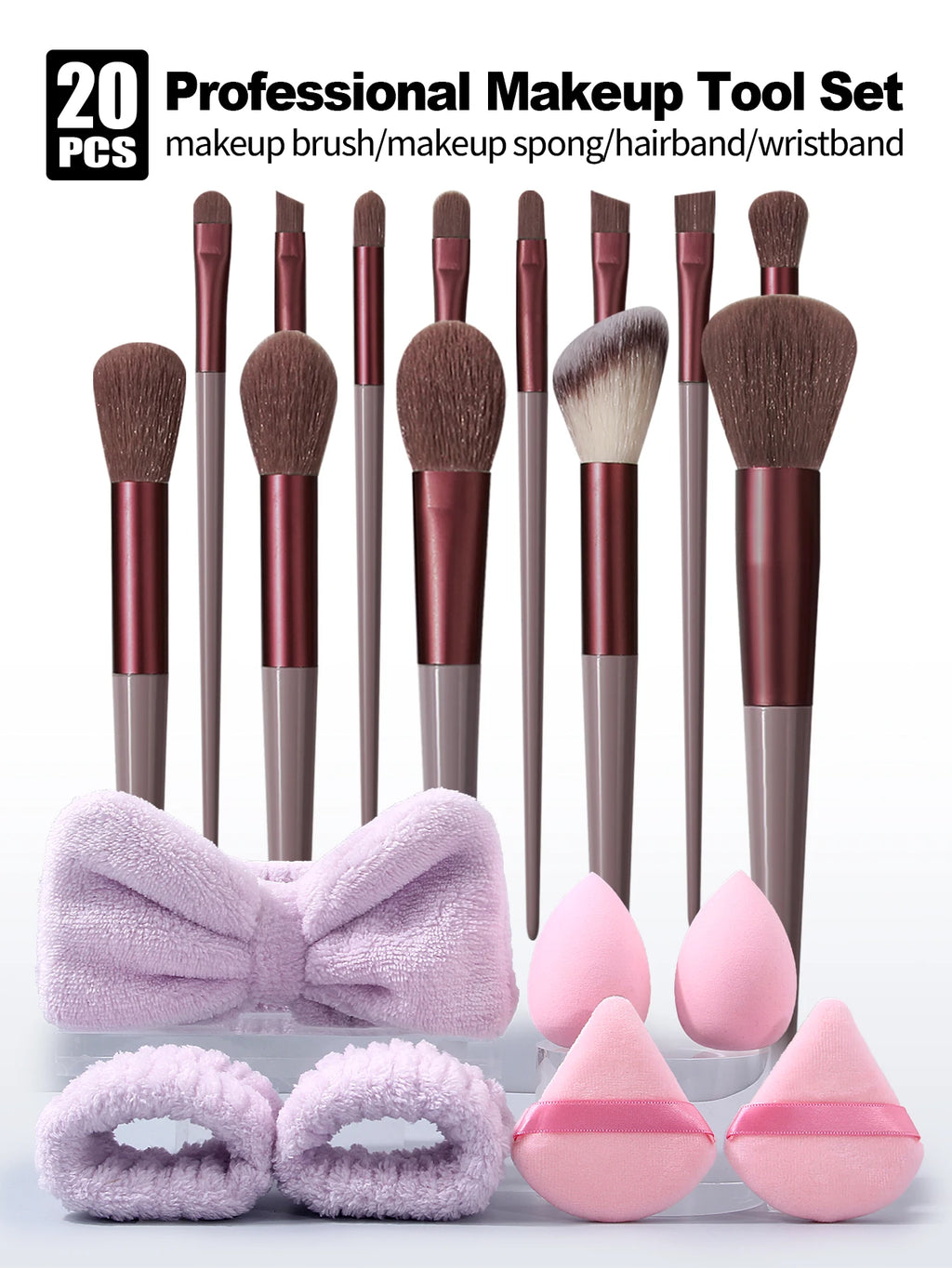 20Pcs Makeup Set Including Makeup Brushes, Beauty Sponges, Powder Puffs, Wrist Straps and Hair Band, Essential Beauty Care Tools