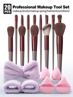 20Pcs Makeup Set Including Makeup Brushes, Beauty Sponges, Powder Puffs, Wrist Straps and Hair Band, Essential Beauty Care Tools