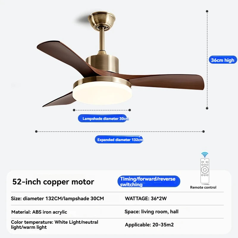 Mid-century style ceiling fan lamp, living room and dining room integrated ceiling fan light, retro quiet bedroom electric fan l