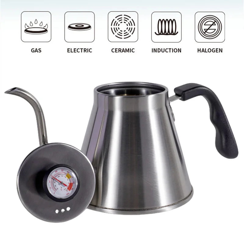 Stainless Steel Gooseneck Kettle Fit Induction Cooker/Gas Stoves Hand Drip Coffee Kettle with Thermometer Coffee Pot 1.2L