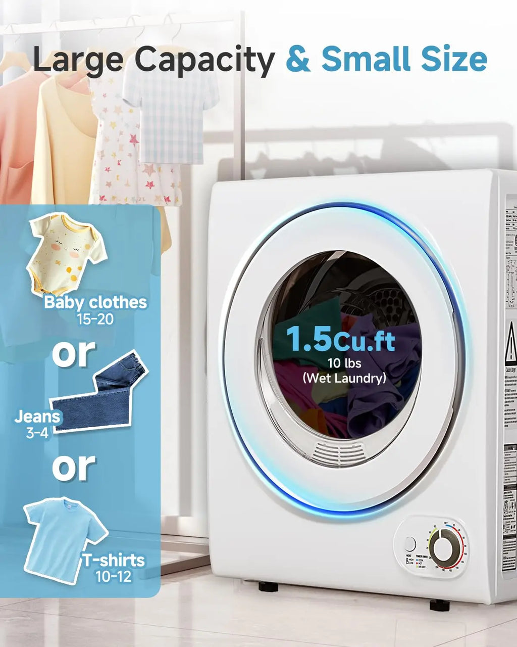 110V Portable Dryer – 850W Compact Clothes Dryer with 4 Automatic Drying Modes, Stainless Steel Tub, Simple Control, Customized