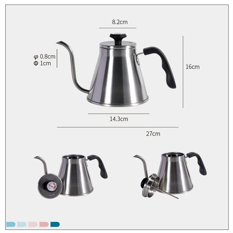 Stainless Steel Gooseneck Kettle Fit Induction Cooker/Gas Stoves Hand Drip Coffee Kettle with Thermometer Coffee Pot 1.2L