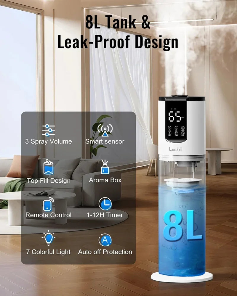 Ultra-Quiet Floor Ultrasonic Humidifier – Top-Fill Smart Air Moisturizer for Baby/Nursery, 8L Large Capacity, Auto Shut-Off