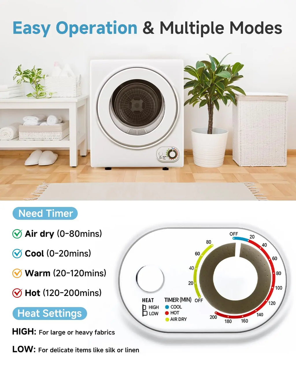 110V Portable Dryer – 850W Compact Clothes Dryer with 4 Automatic Drying Modes, Stainless Steel Tub, Simple Control, Customized