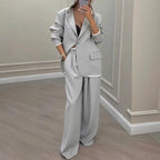 Elegant Long Sleeve Outerwear Wide Leg Pants Suit Set Fashionable Autumn Winter Women's Clothing Commute Style Polyester Fabric