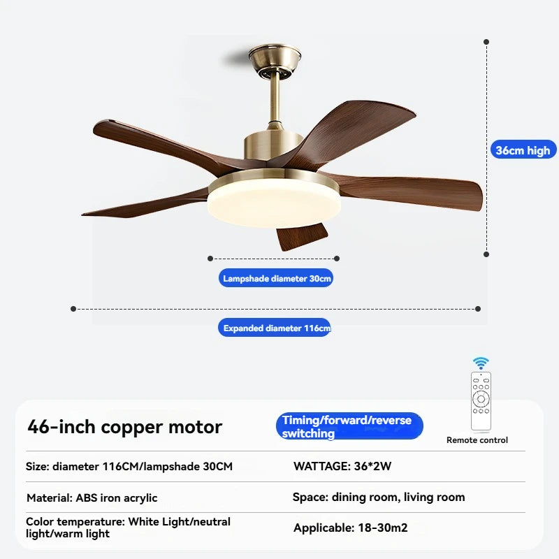 Mid-century style ceiling fan lamp, living room and dining room integrated ceiling fan light, retro quiet bedroom electric fan l