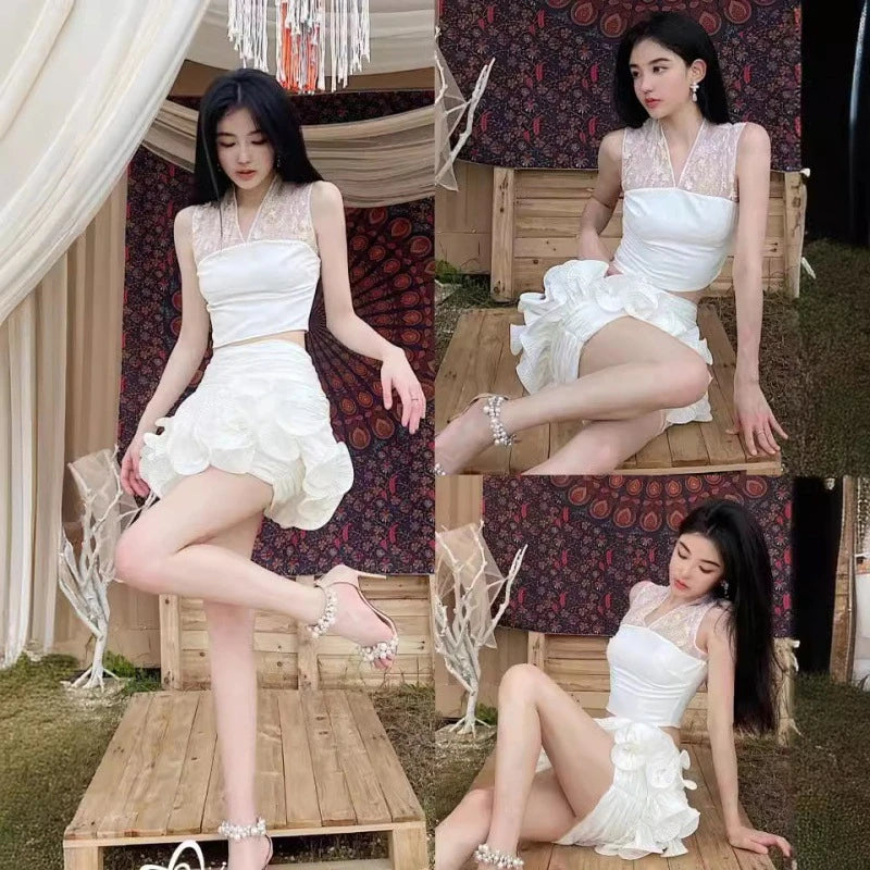 Summer Three-Dimensional Flower Skirt Sexy Asymmetrical Ruffled High Waist Pleated Hip Skirt Black Red White Women's Clothing