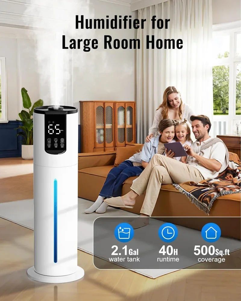 Ultra-Quiet Floor Ultrasonic Humidifier – Top-Fill Smart Air Moisturizer for Baby/Nursery, 8L Large Capacity, Auto Shut-Off