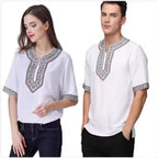 Ethnic Clothing Cotton Silk Short Sleeved Men's And Women's Loose T-Shirt Couple's Traditional Top
