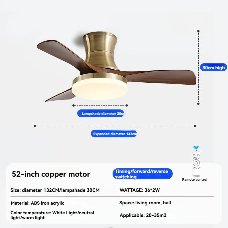 Mid-century style ceiling fan lamp, living room and dining room integrated ceiling fan light, retro quiet bedroom electric fan l