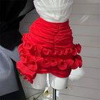 Summer Three-Dimensional Flower Skirt Sexy Asymmetrical Ruffled High Waist Pleated Hip Skirt Black Red White Women's Clothing