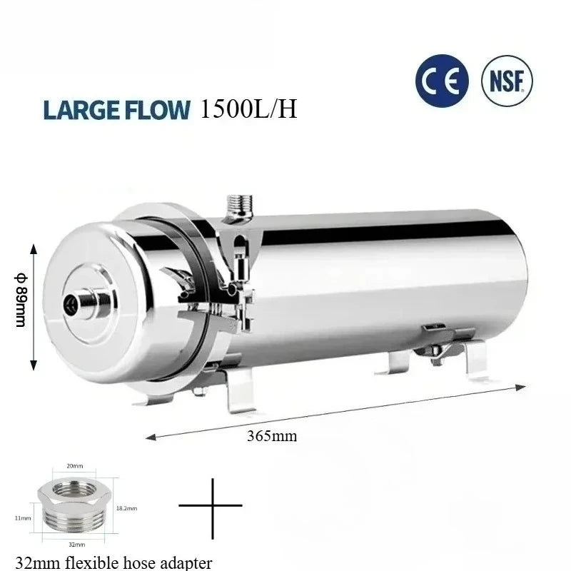 Whole House UF Water Purifier 1500L High Flow 0.01μm Stainless Steel Filter Washable Reusable PVDF Membrane Mineral Filter