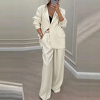 Elegant Long Sleeve Outerwear Wide Leg Pants Suit Set Fashionable Autumn Winter Women's Clothing Commute Style Polyester Fabric