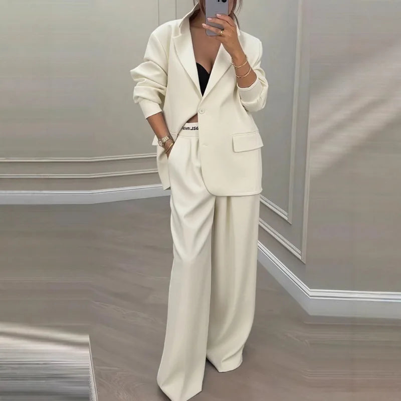 Elegant Long Sleeve Outerwear Wide Leg Pants Suit Set Fashionable Autumn Winter Women's Clothing Commute Style Polyester Fabric