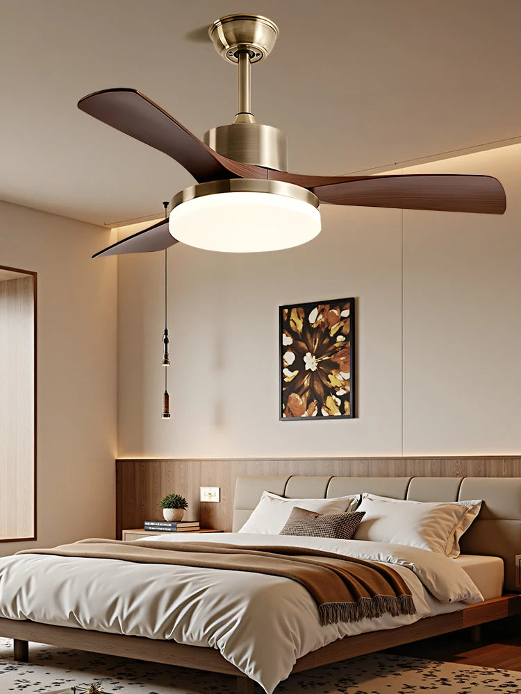 Mid-century style ceiling fan lamp, living room and dining room integrated ceiling fan light, retro quiet bedroom electric fan l