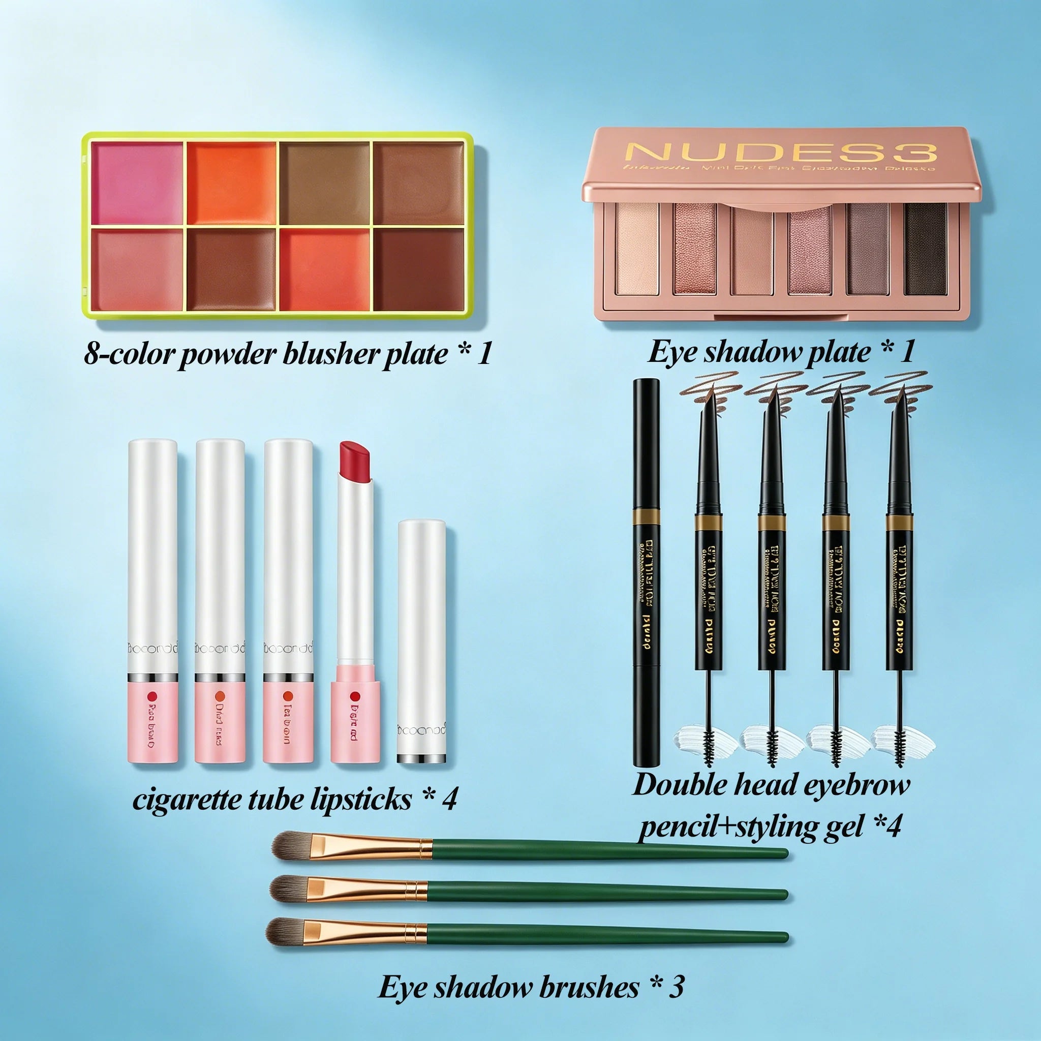 Makeup Fundamentals Set Blush Palette，Eyeshadow Palette, Lipstick, Eyebrow Pencil, Eyeshadow Brush Beauty Cosmetic for Daily Use
