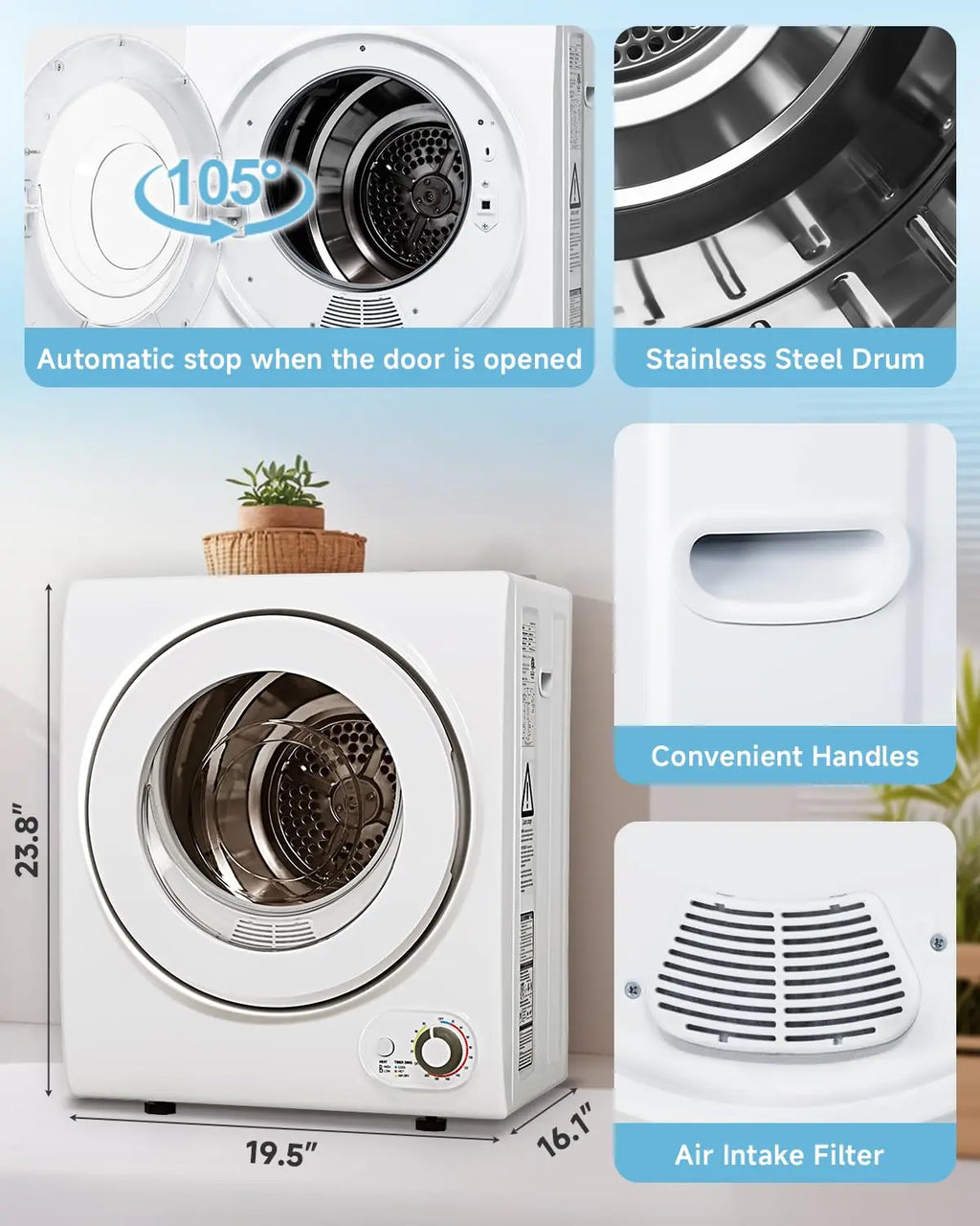 110V Portable Dryer – 850W Compact Clothes Dryer with 4 Automatic Drying Modes, Stainless Steel Tub, Simple Control, Customized