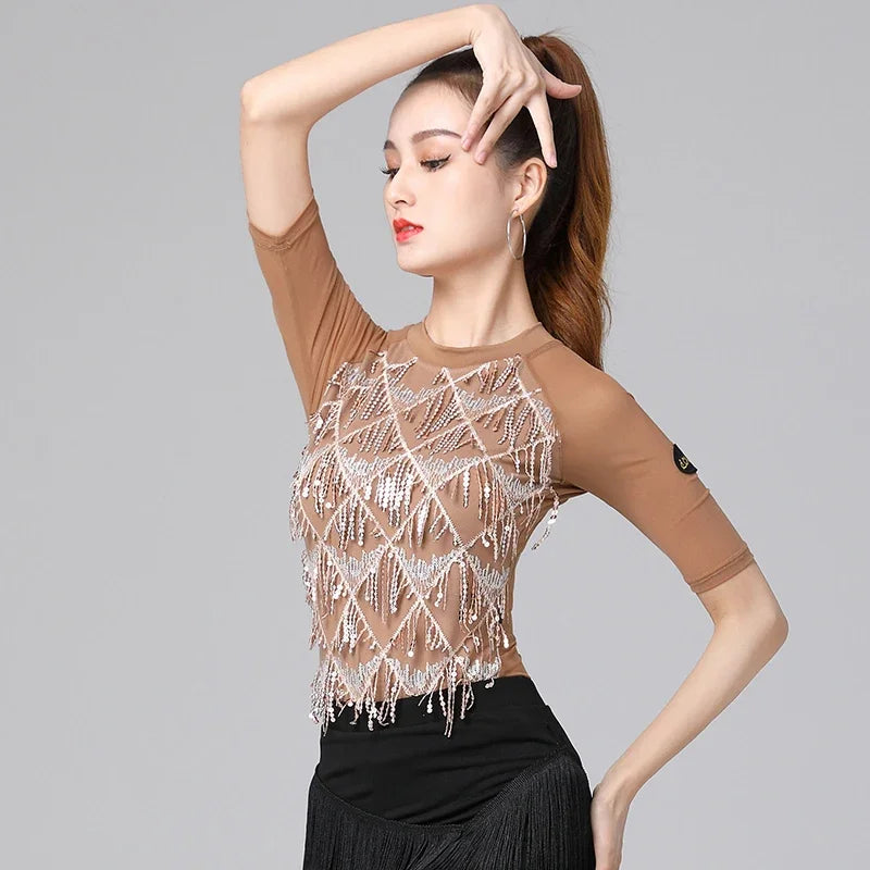 Latin Dance Clothes for Women, Half Sleeve, Round Neck Top, National Standard, Modern Performance, Exercise Clothing for Adult