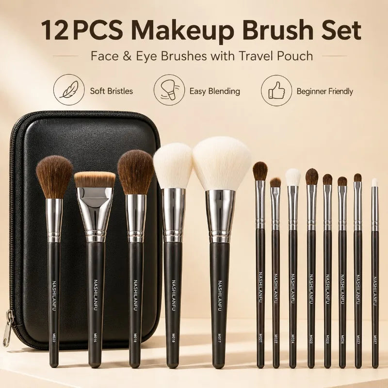 Makeup Brush Set 14PCS Soft Face Eye Cosmetic Brushes with Travel Pouch for Powder Blush Contour Foundation Eyeshadow Beauty Kit